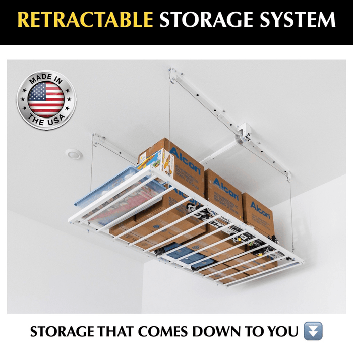 E-Z Storage Retractable Ceiling Storage Lift – No Power Required, 700 lbs Capacity, 4'x8' Platform, Made in USA, Fast Shipping